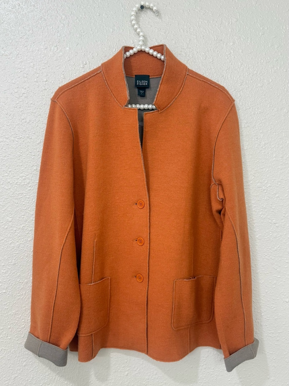 EILEEN FISHER Orange Gray Felted Wool DoubleKnit Knit Shaped Jacket L